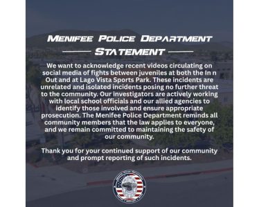 Menifee Police Investigate Juvenile Fights at In-N-Out and Lago Vista Sports Park