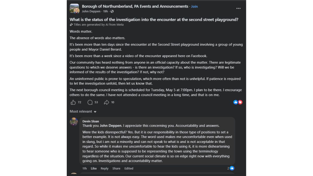 Community Demands Answers After Second Street Playground Incident Involving Northumberland Mayor