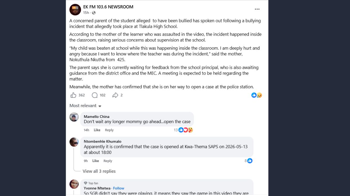 Tlakula High School Bullying Case: Mother Opens Case at Kwa-Thema SAPS
