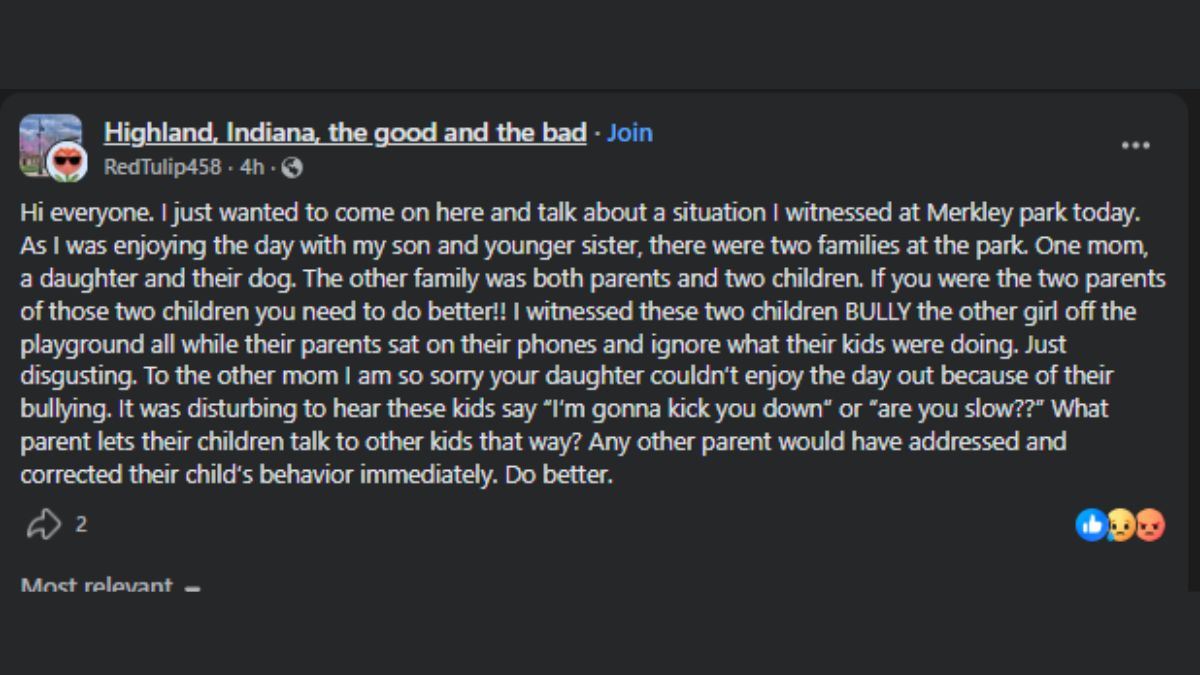 Highland, IN, Mom Calls Out Parents After Witnessing Alleged Bullying at Local Park