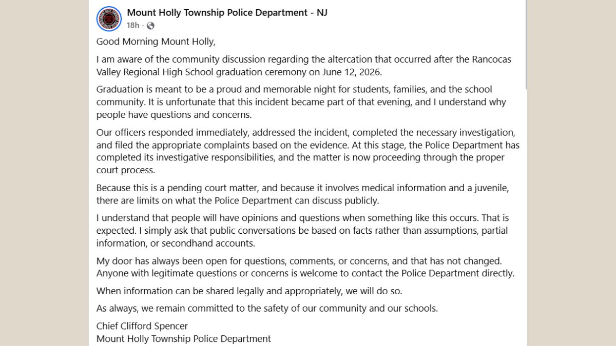 Mount Holly, NJ: Police Chief Addresses Altercation After Rancocas Valley Graduation Ceremony