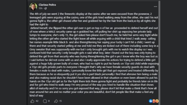 Dunseith, ND: Woman’s Facebook Post Alleges Casino Security Guard Mishandled 15-Year-Old Girl During July 4th Incident