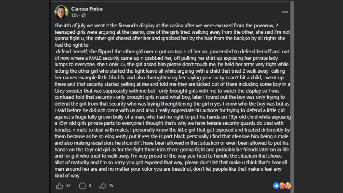 Dunseith, ND: Woman’s Facebook Post Alleges Casino Security Guard Mishandled 15-Year-Old Girl During July 4th Incident