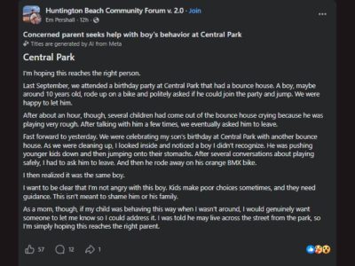 Huntington Beach, CA, Parent Warns About Boy Accused of Rough Behavior at Central Park Bounce House Parties
