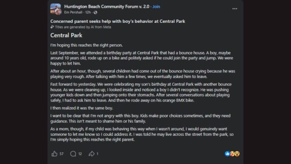 Huntington Beach, CA, Parent Warns About Boy Accused of Rough Behavior at Central Park Bounce House Parties