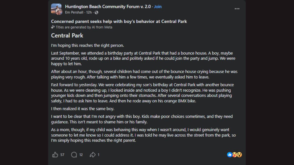 Huntington Beach, CA, Parent Warns About Boy Accused of Rough Behavior at Central Park Bounce House Parties