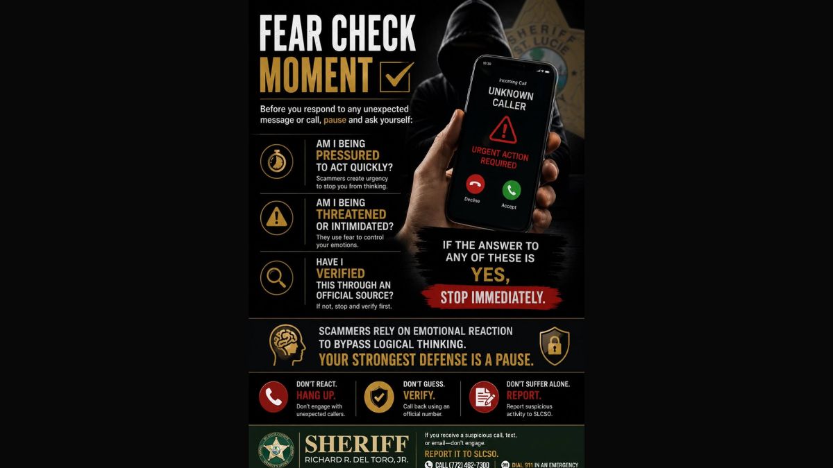 St. Lucie County, FL, Sheriff’s Office Urges Residents to Do a “Fear Check” Before Responding to Scam Calls or Texts